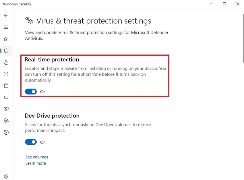 toggle off real time protection