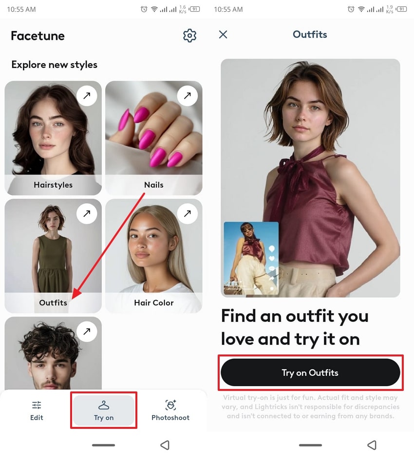 choose the outfits on facetune