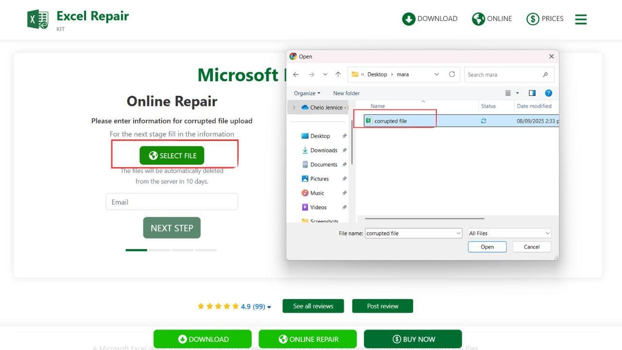 excel repair toolbox select file