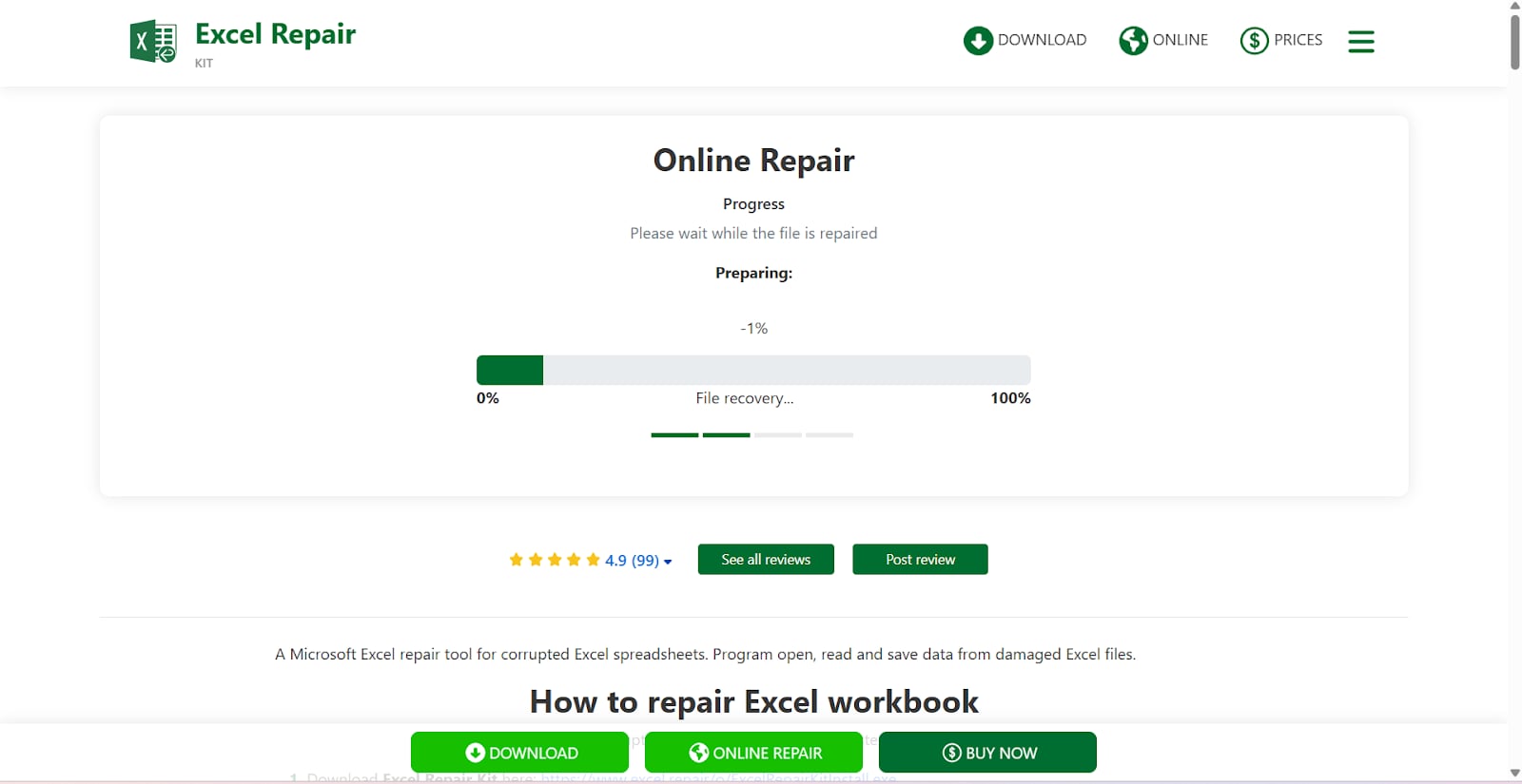 excel repair toolbox start the repair process