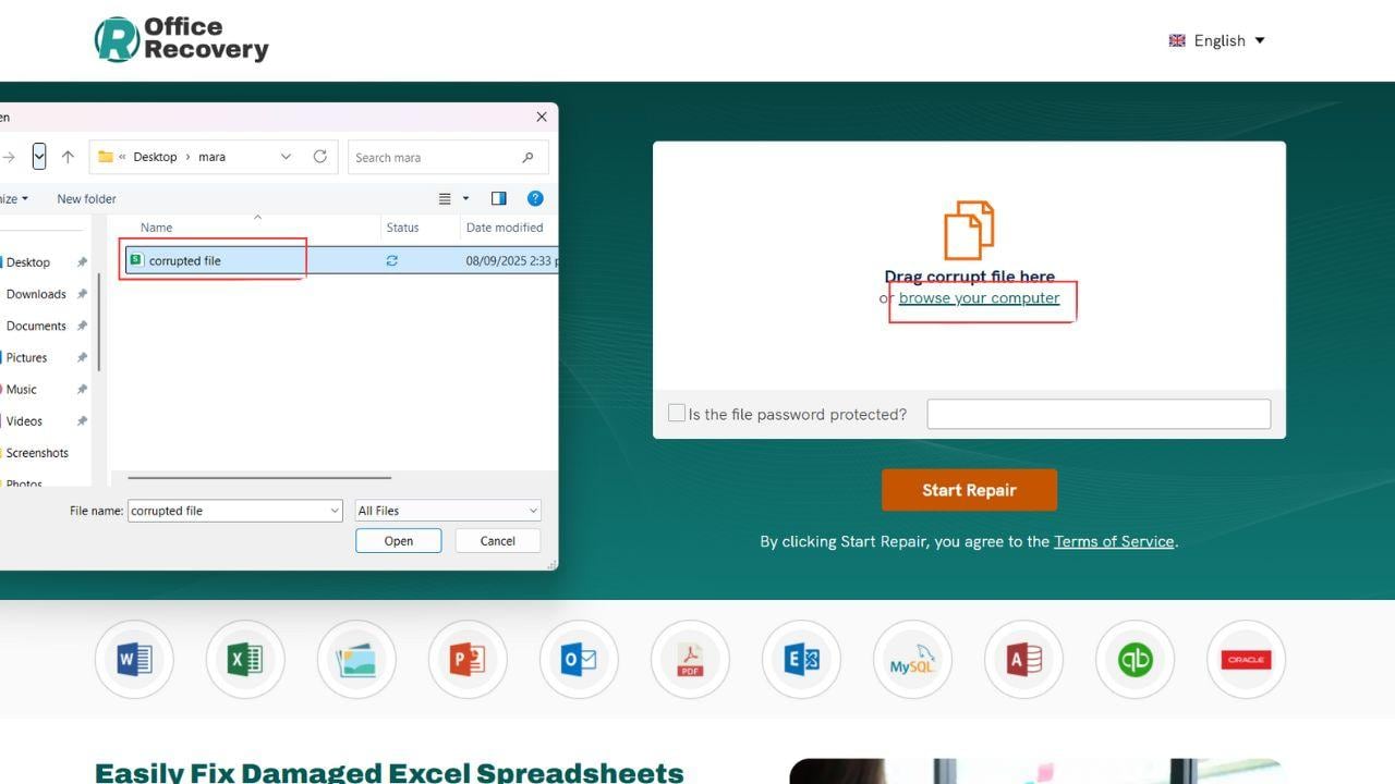 officerecovery upload corrupted excel file