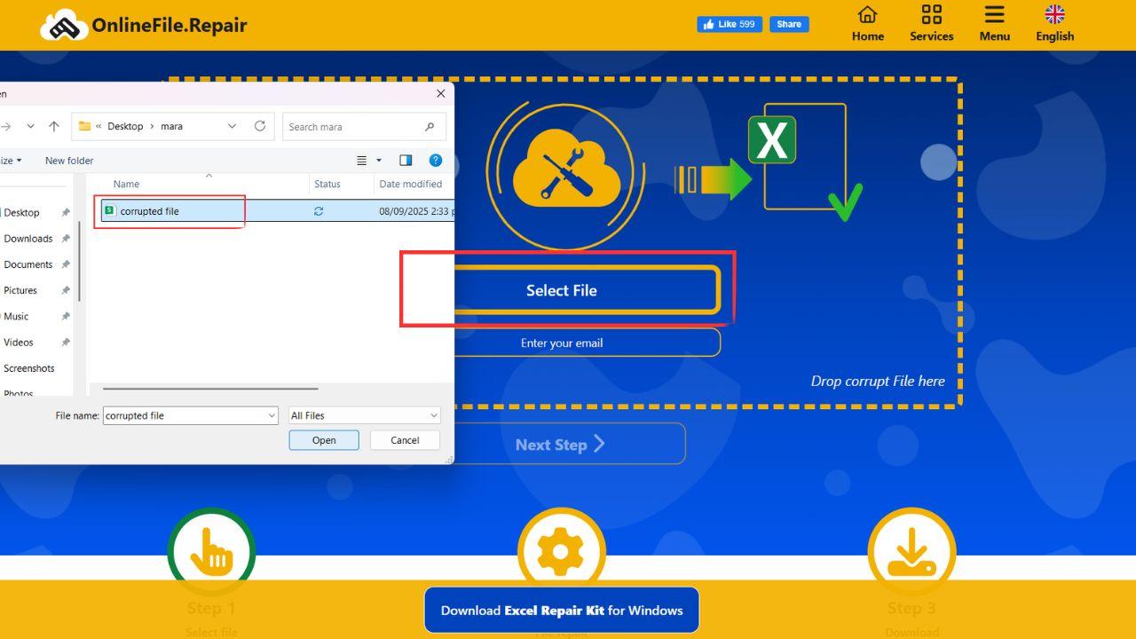 onlinefile repair select file