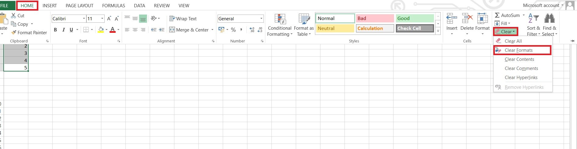 excel clear formats