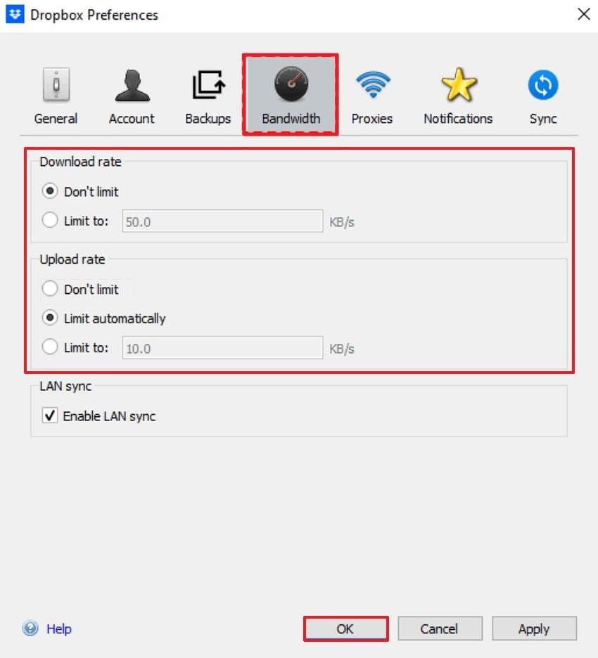 adjust bandwidth on dropbox