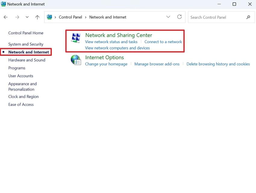 select network and sharing center option