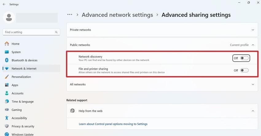 turn on network and file sharing