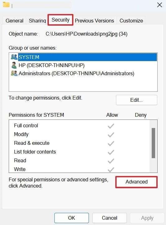 access properties window for folder