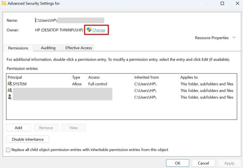 choose change option for ownership