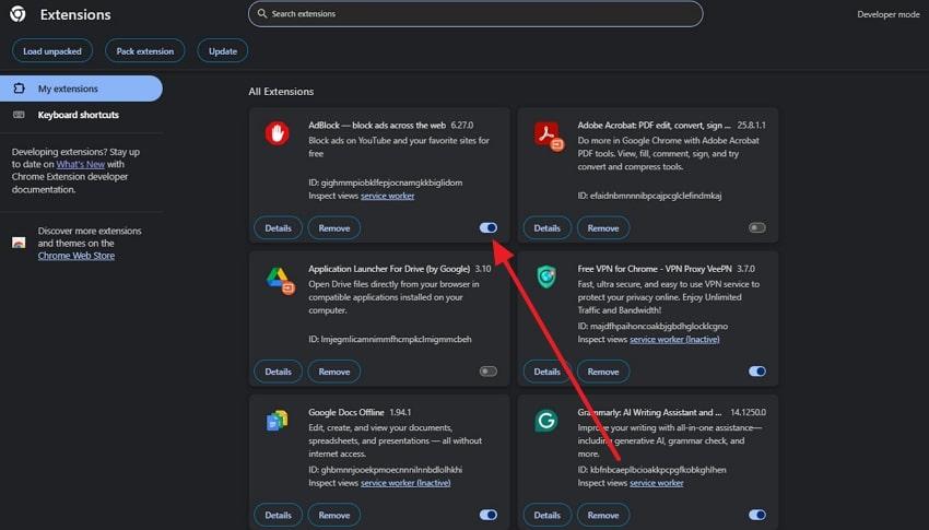 switch off problematic extensions