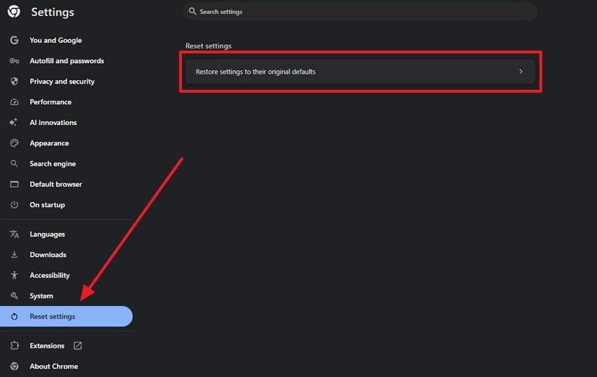 go to reset settings