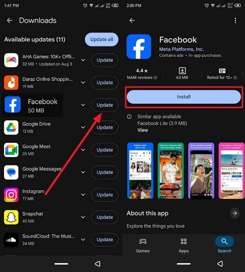 reinstall or update facebook android