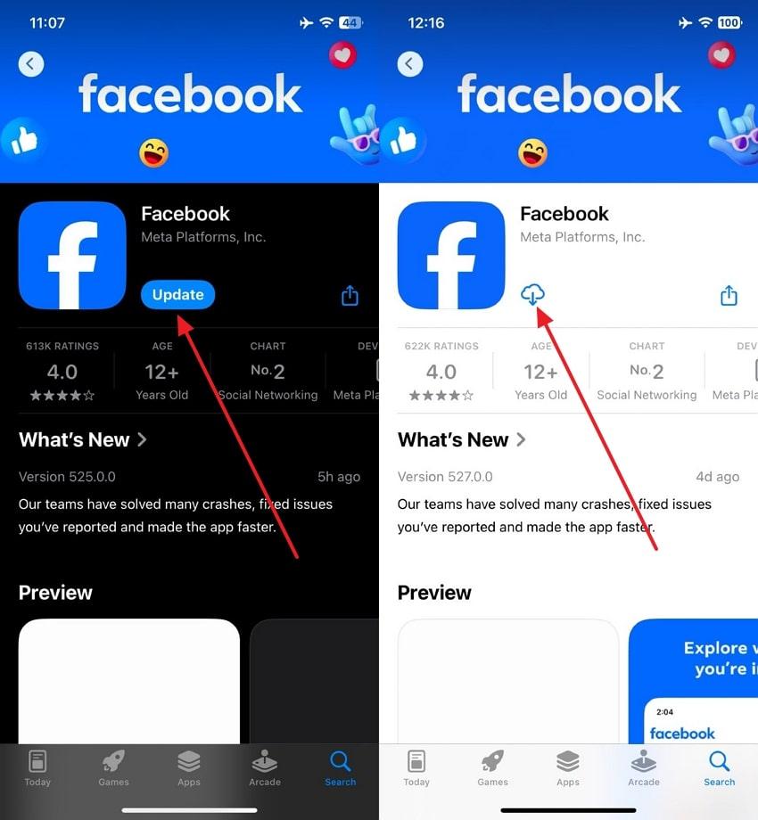 update and reinstall facebook