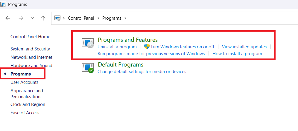 programs and features