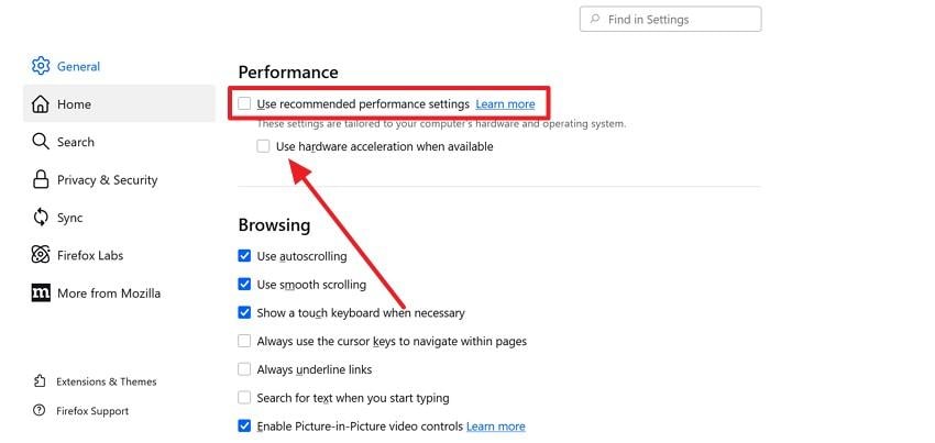 uncheck recommended performance settings