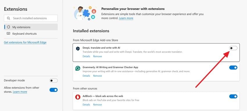 disable problematic extension