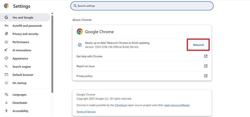 update and relaunch chrome