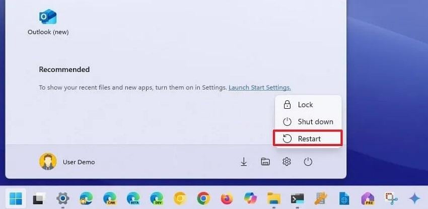 restart system through power icon