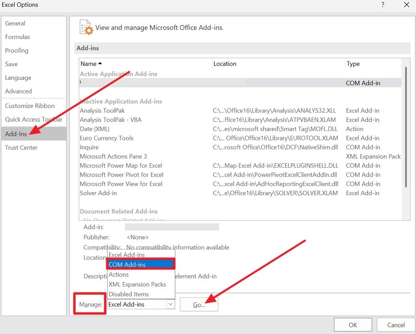 go to manage add-ins