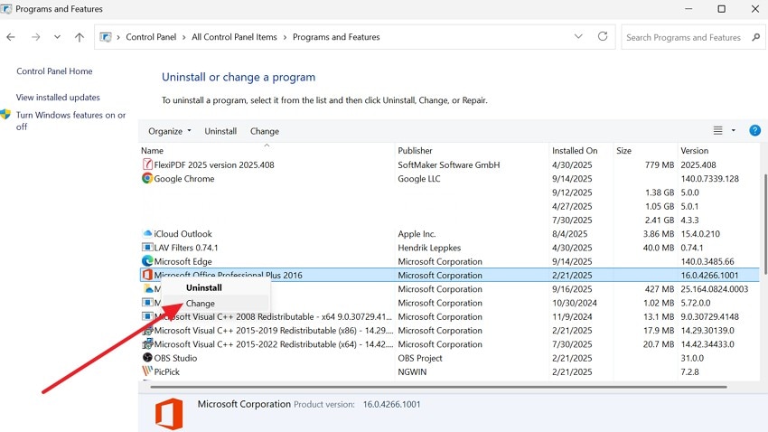 pick the change option
