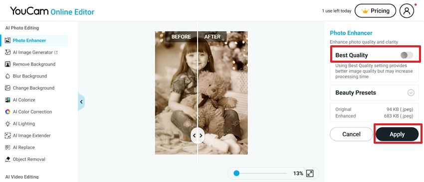 press apply button to restore