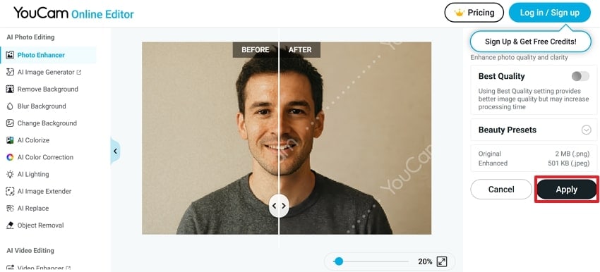 remove pixels through youcam oline editor