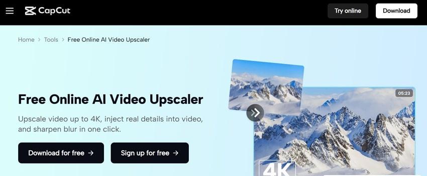 capcut free online video upscaler page
