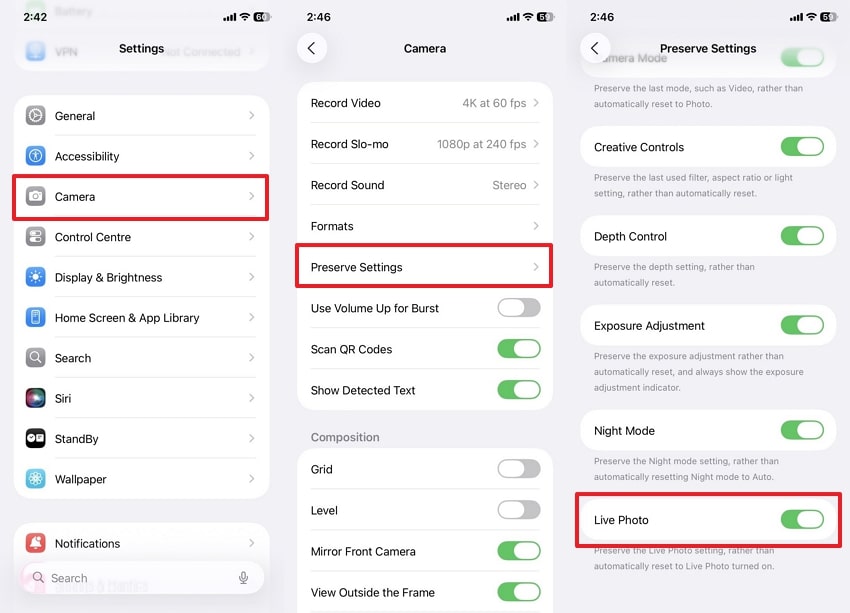 toggle live photos on iphone
