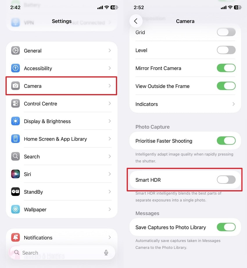 disable smart hdr feature