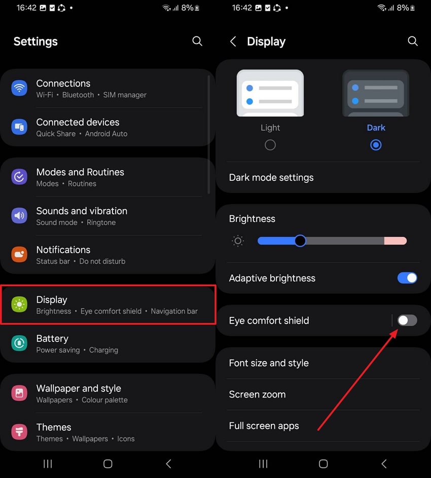 disable eye comfort toggle