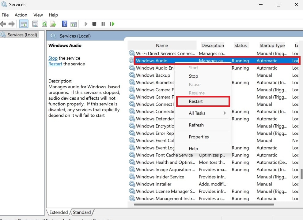 services window restart windows audio
