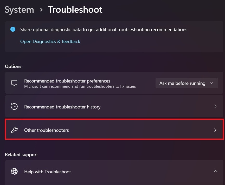 other troubleshooters settings