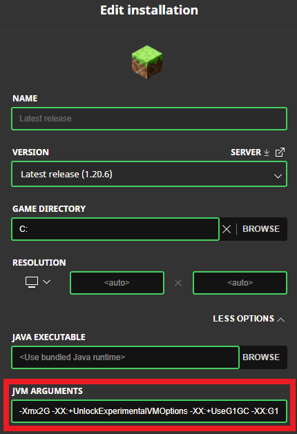 jvm arguments box