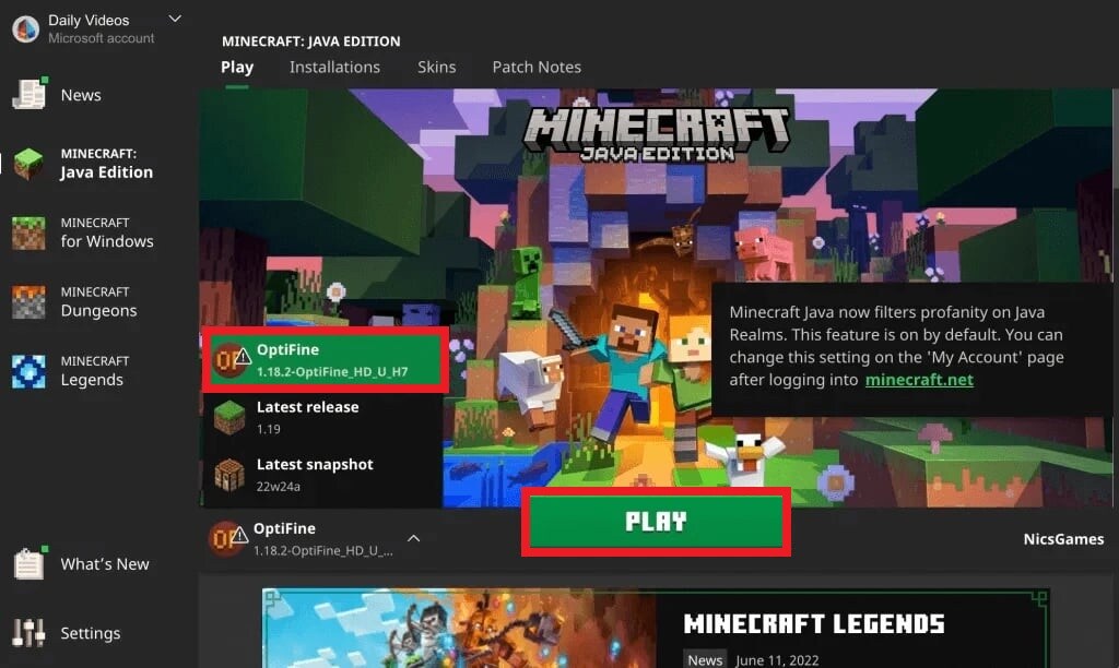 play optifine profile