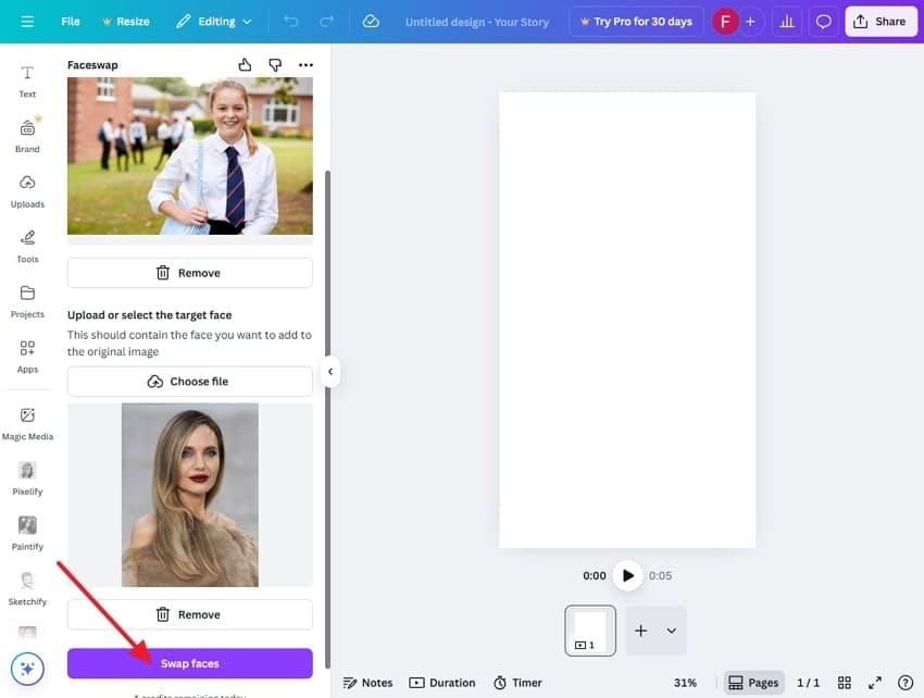 click swap images to start canva