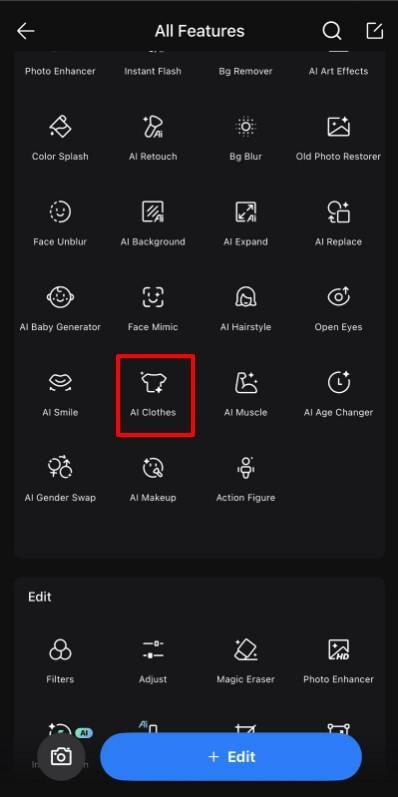 choose ai clothes option in fotor