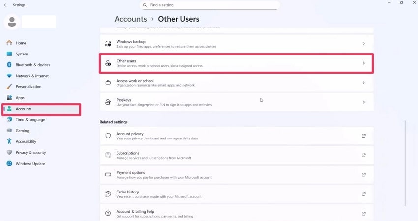 go to other users on settings