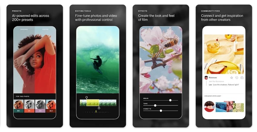 VSCO app screen interfaces