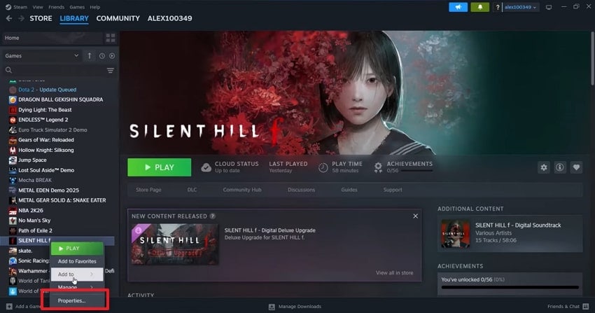 select properties in steam