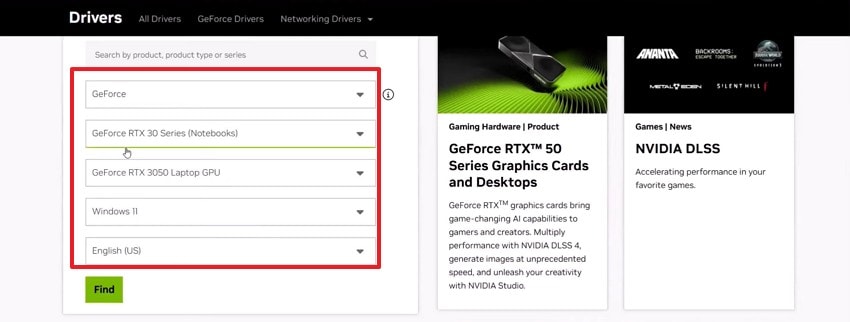 select graphic cards from list