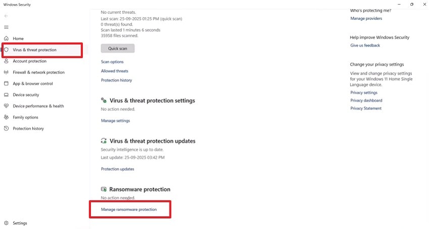 select manage ransomware protection
