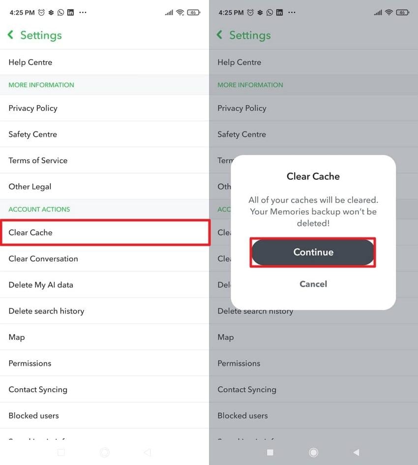 remove snapchat app cache on android
