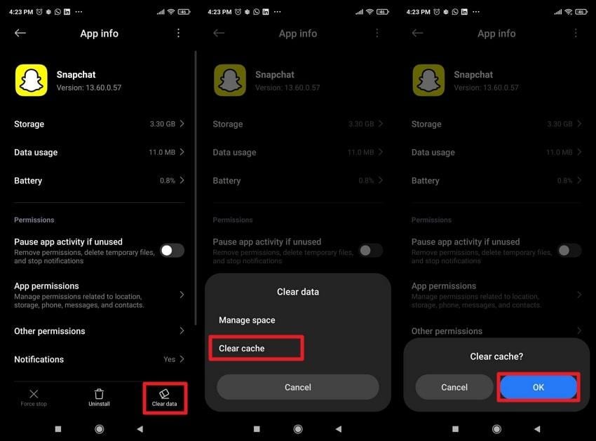 erase snapchat cache from android settings