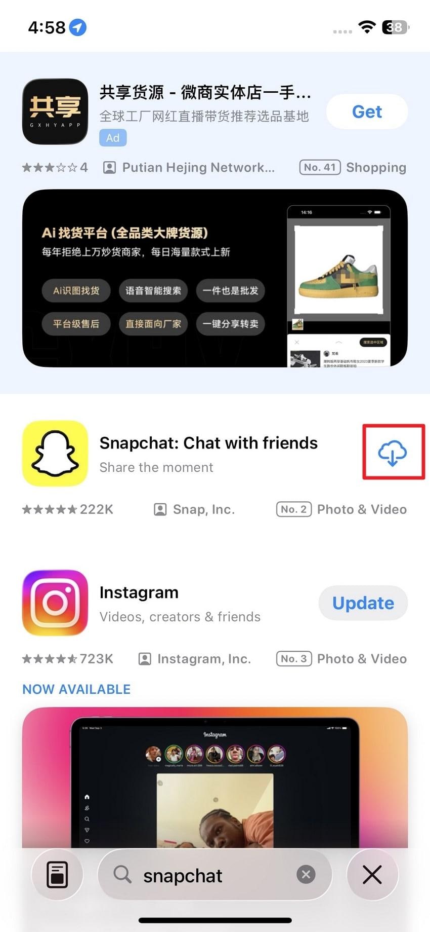 reinstall snapchat on iphone