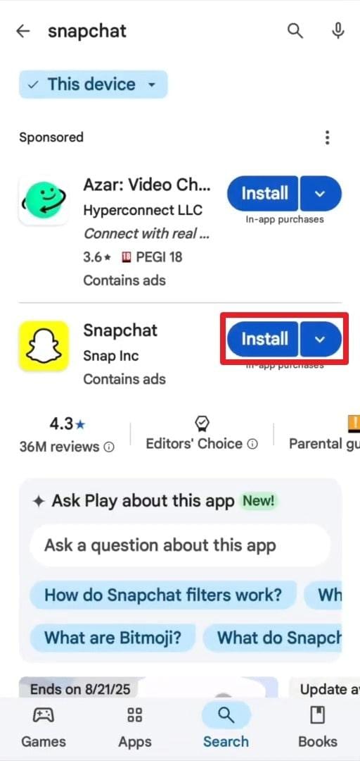 install snapchat from play store