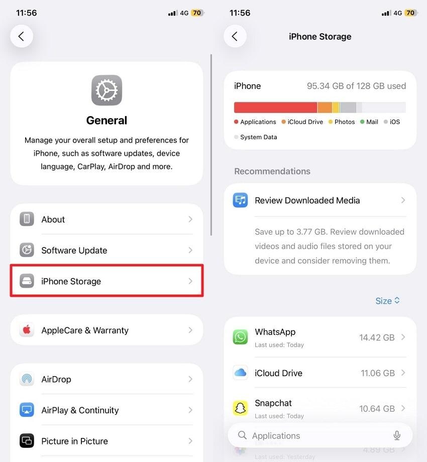 check iphone storage and free space