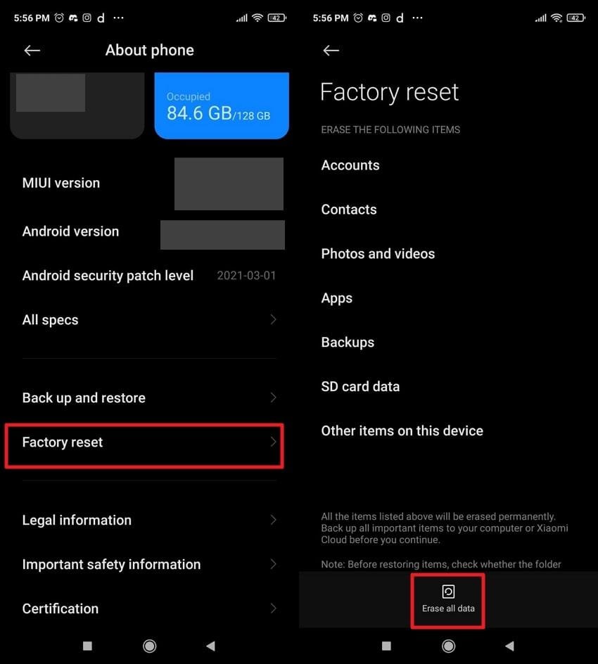 perform factory reset on android