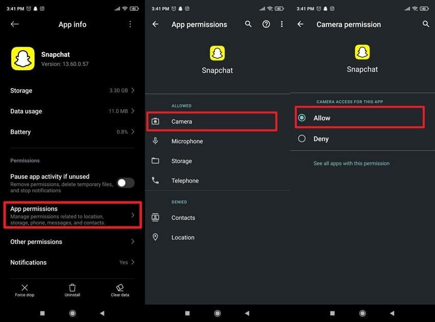 allow camera access for snapchat