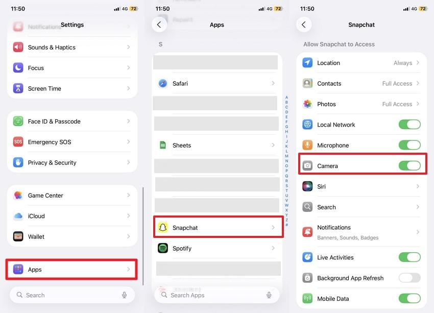 give camera permissions to snapchat iphone