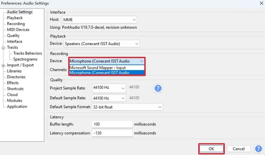 check recording device in audacity