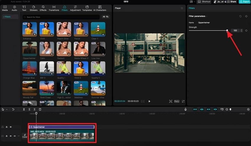 adjust filter strength in capcut